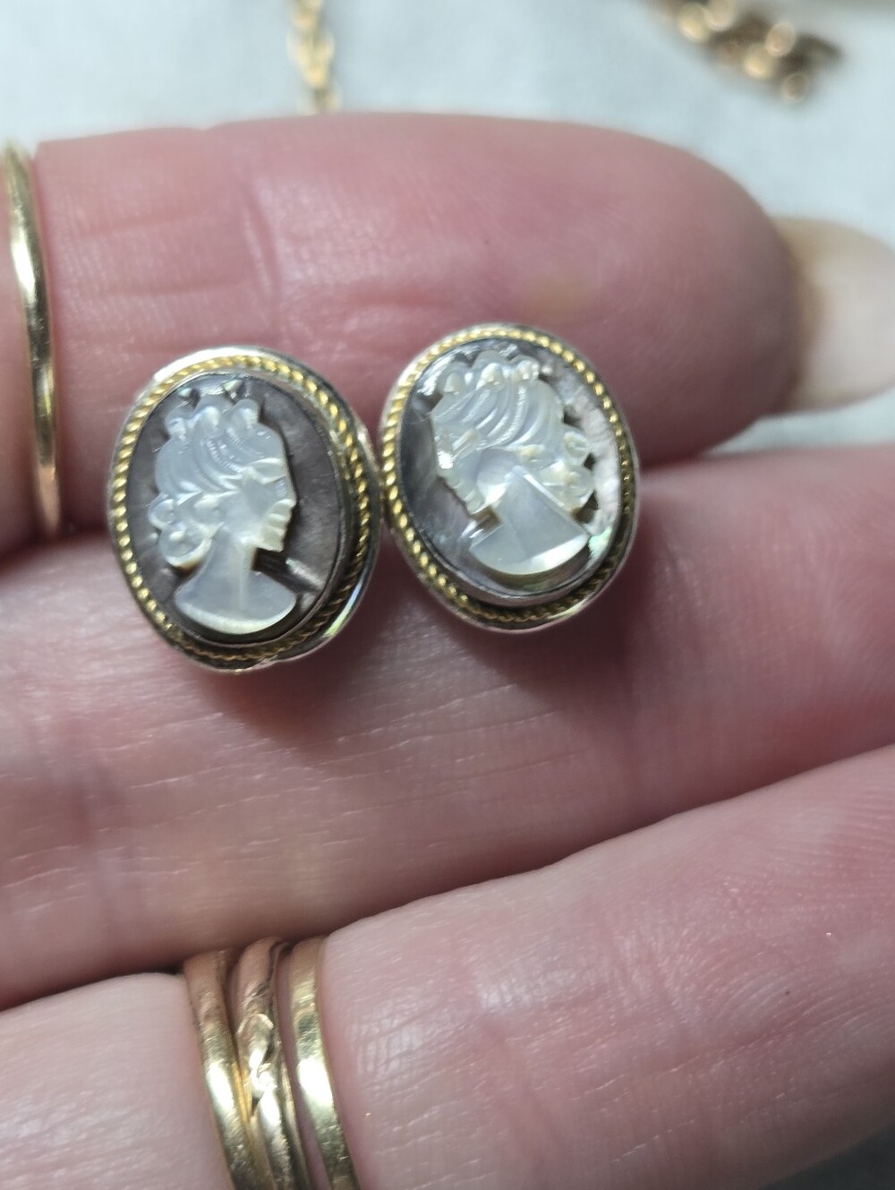 Victorian Mother of Pearl Cameo Stud Earrings in 800 Sliver